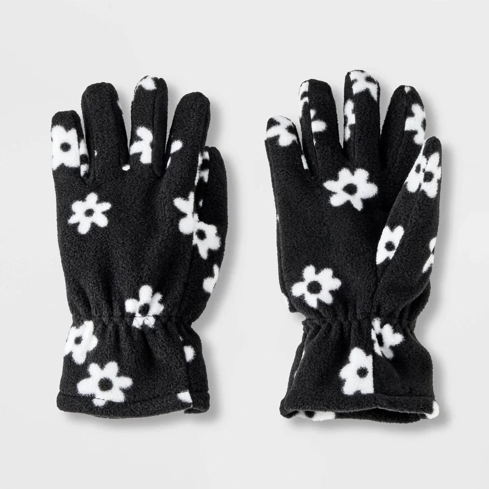 Cat and Jack Girls Fleece Gloves Black White Floral Size 8-16 NWT Polyester